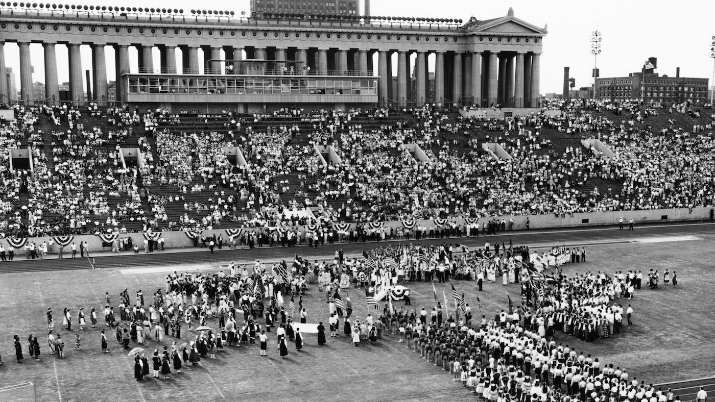 The August 27, 1959 opening day ceremonies of the 1959 Pan-American Games in Soldier Field. Photo: Chicago History Museum