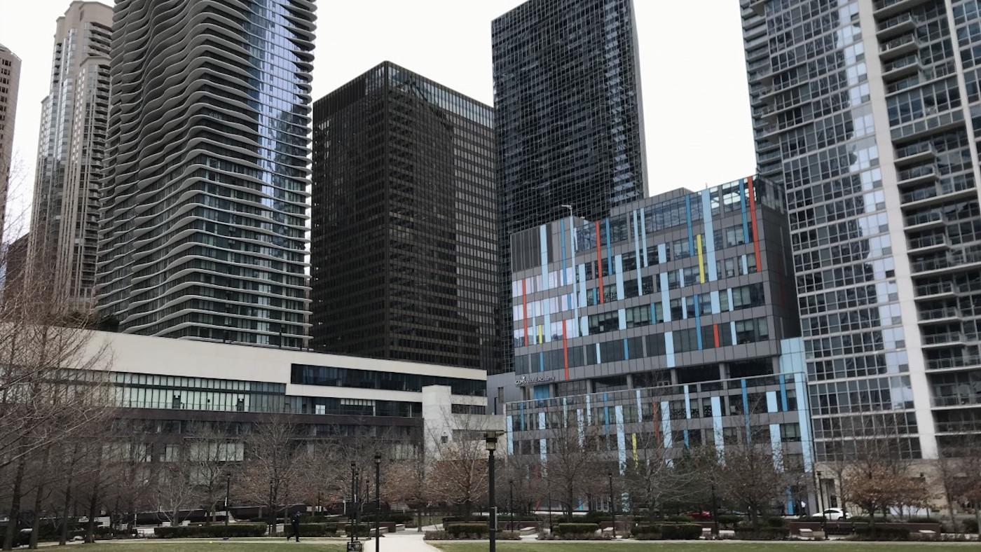 GEMS World Academy and Aqua from Lakeshore East Park in Chicago. Photo: WTTW