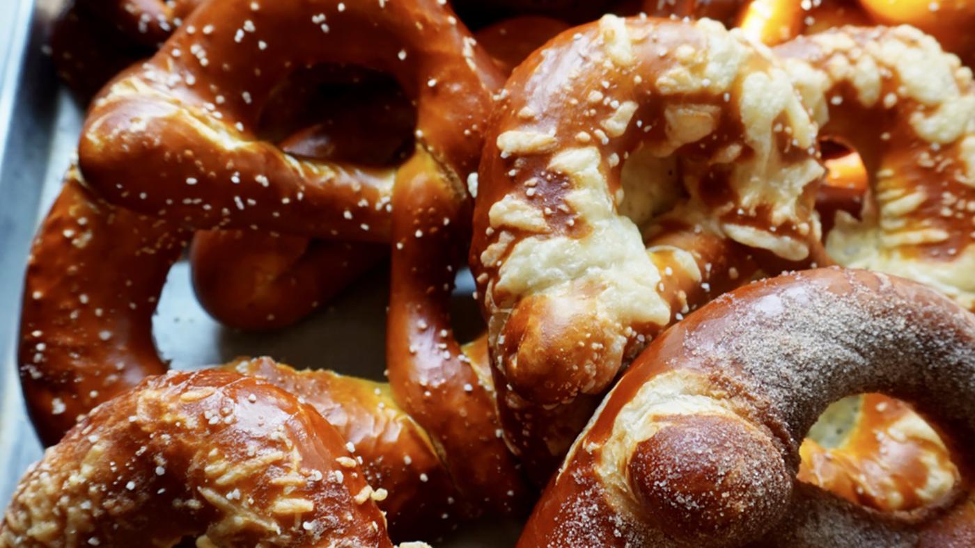 An up-close shot of several pretzels