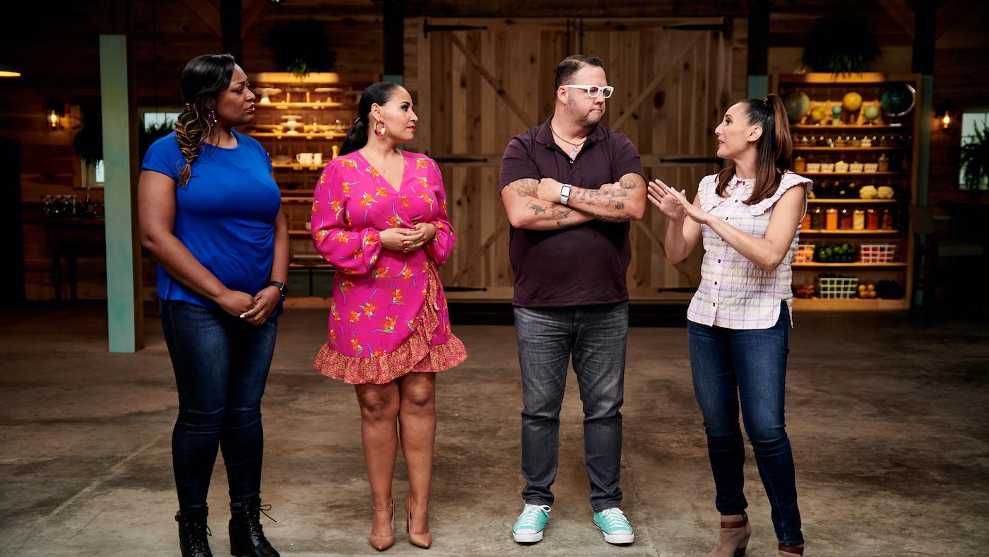 Judge Tiffany Derry, host Alejandra Ramos, and judges Graham Elliot and Leah Cohen in The Great American Recipe. Photo: PBS/VPM