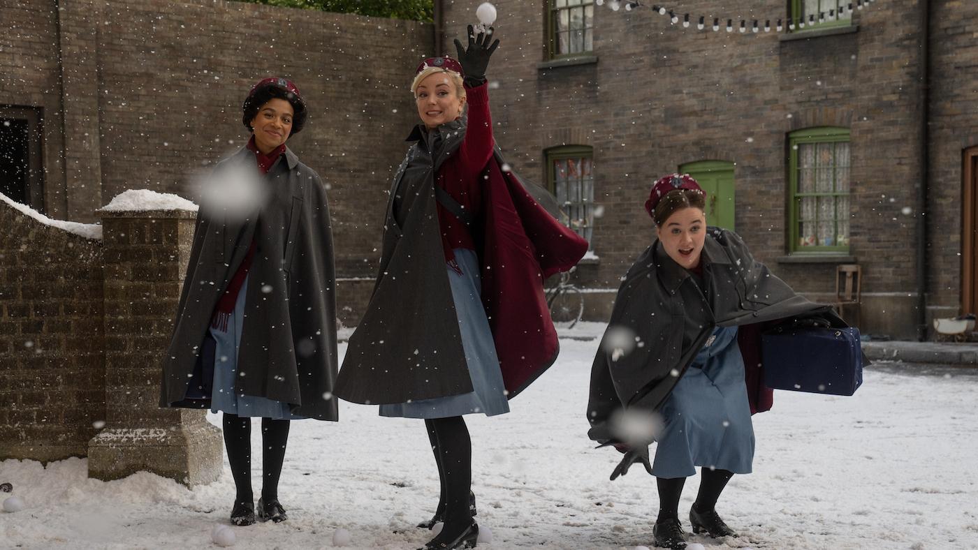 Lucille, Trixie, and Nancy in the snow in Call the Midwife