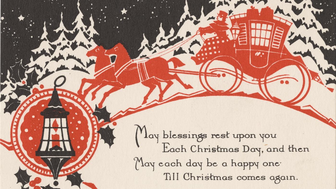 A holiday card with a horse-drawn carriage and poem
