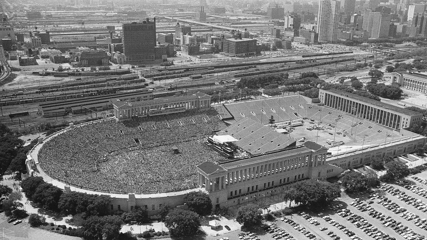Soldier Field shown from above with a crowd at a rock concert on June 4, 1977