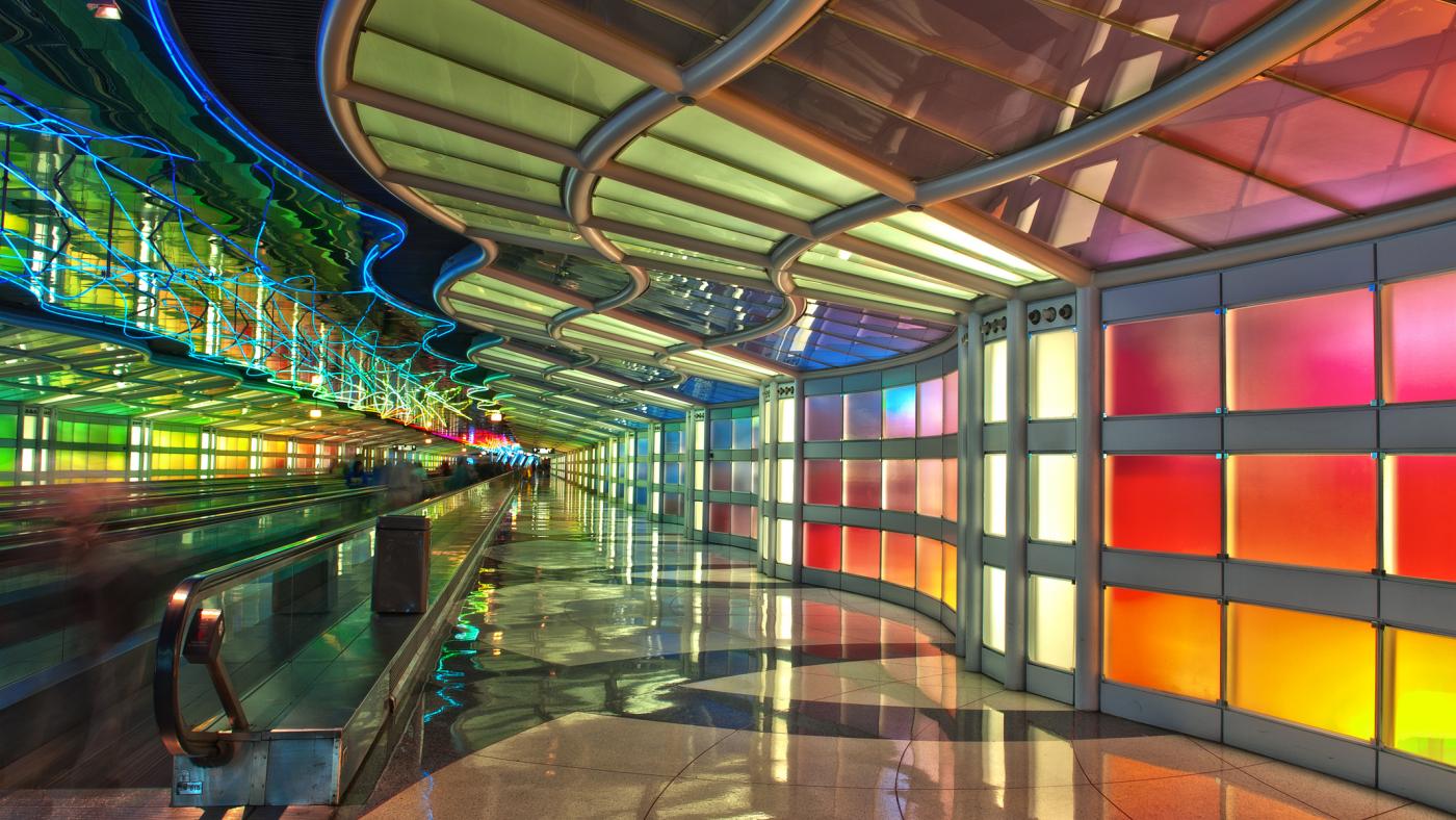The Neon Light moving walkway at O'Hare's Terminal One.