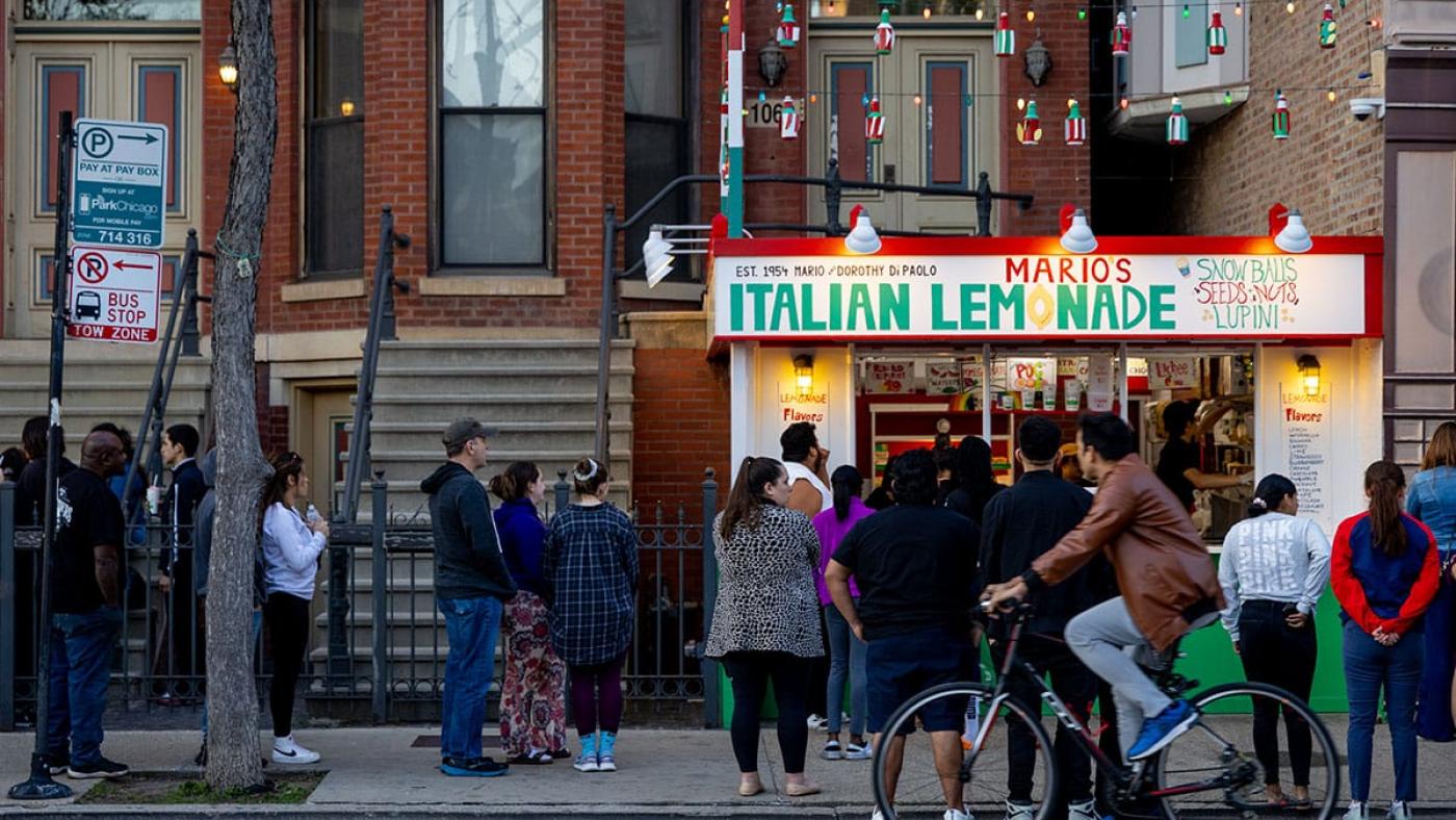 Customers waiting in line outside Mario’s Italian Lemonade