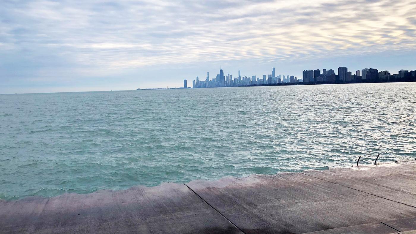 A view of the Chicago skyline with the lake in the foreground, as seen from Montrose Point 
