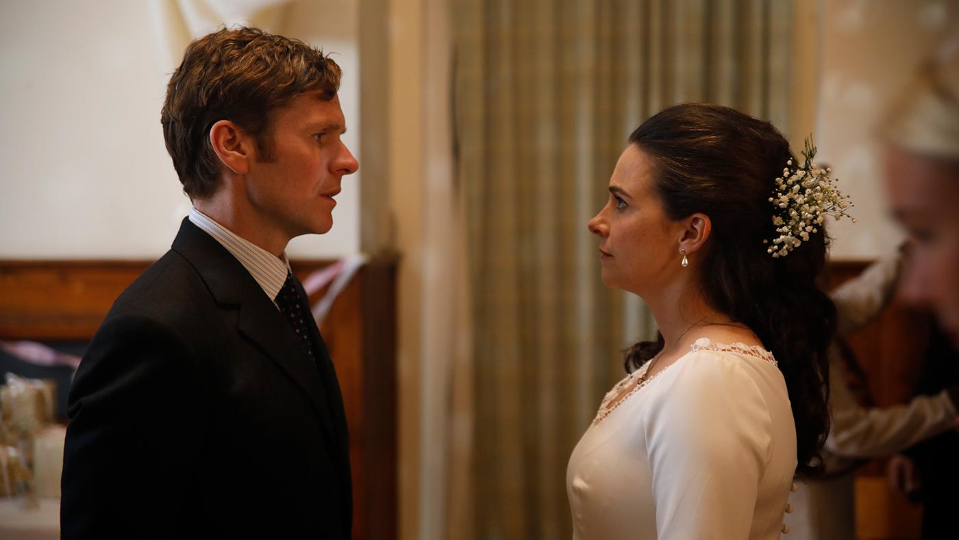 Endeavour Morse faces Joan Thursday, who is in a wedding dress