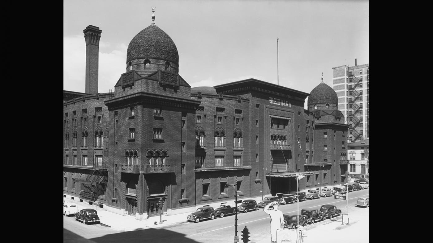 Exterior view of Medinah Temple at 600 N. Wabash Ave. in Chicago, Illinois on August 15, 1938