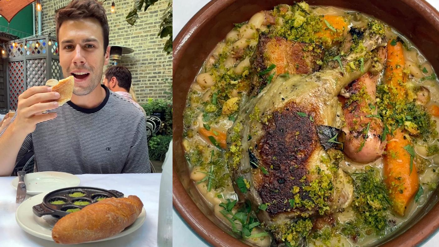 A joint image showing Cam Brenson eating escargot at Bisro Campagne on the left, and an image of the cassoulet dish on the right.