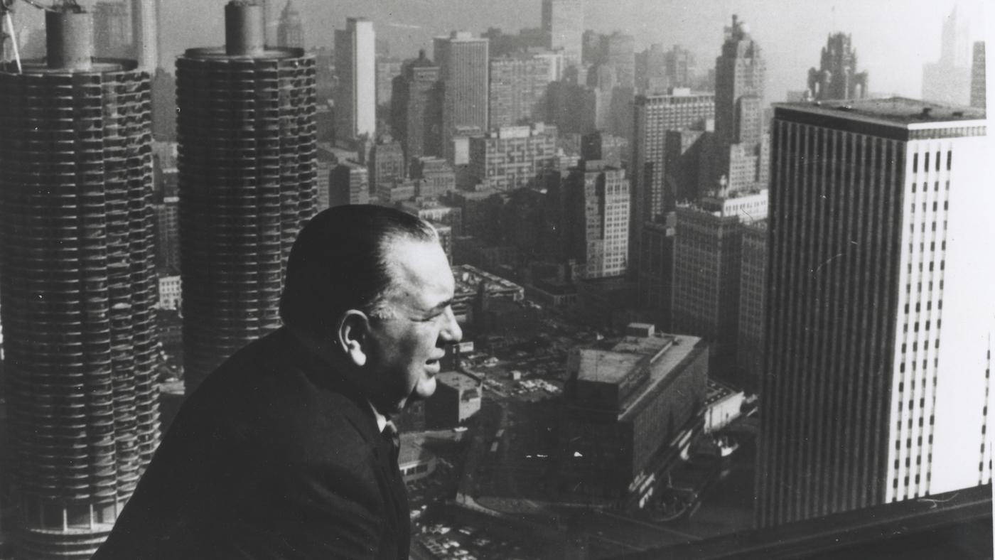 Mayor Richard J. Daley overlooks the Chicago skyline with Marina City in the background