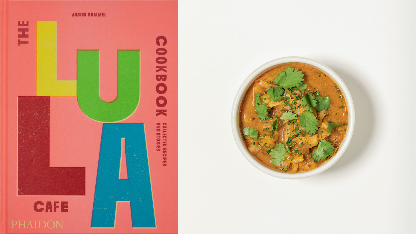 The Lula Cafe Cookbook cover next to a bowl of sweet and sour cabbage soup garnished with cilantro