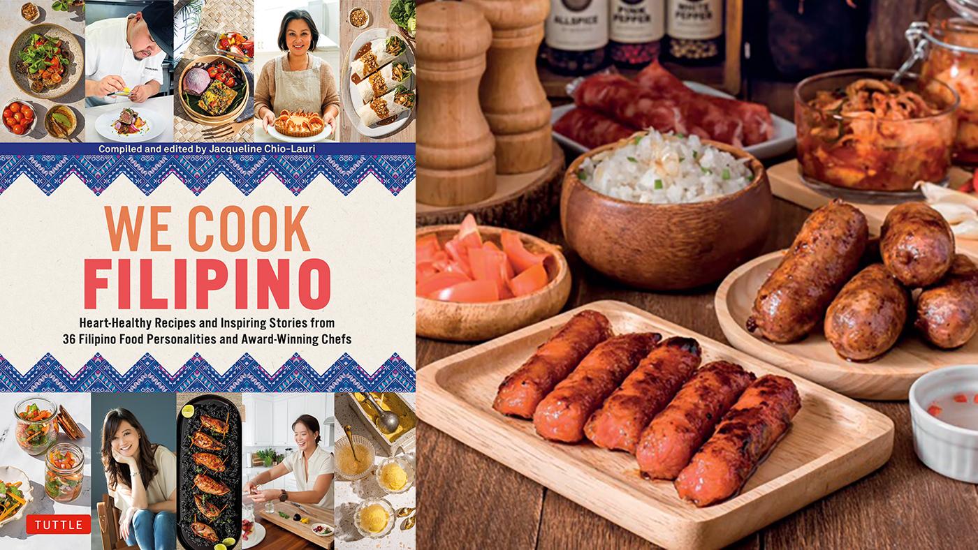 The cover of the cookbook We Cook Filipino next to a photo of longanisa from a recipe in it
