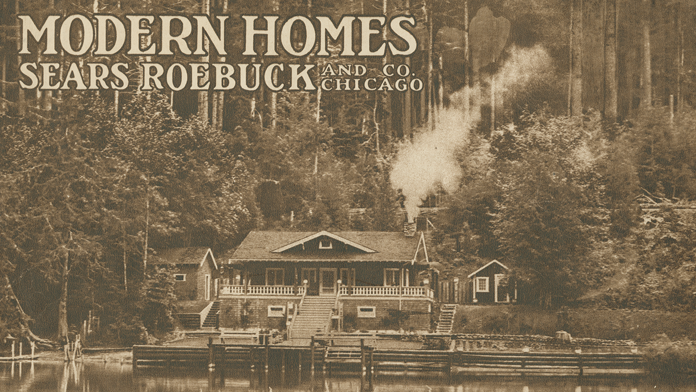 An advertisement reading "MODERN HOMES - Sears Roebuck and Co Chicago" with a small house on a lake