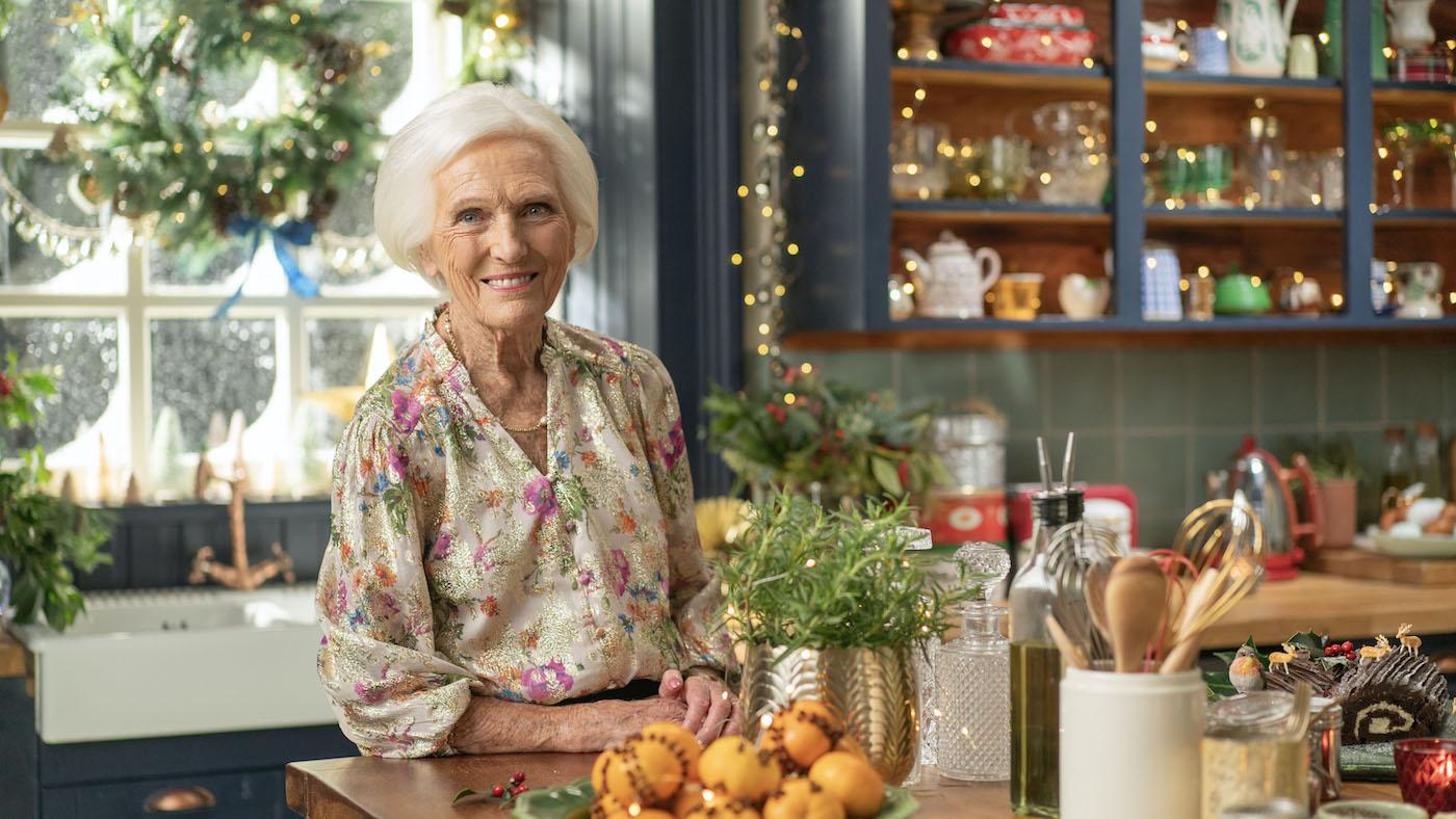 Mary Berry in a kitchen decorated for the holidays