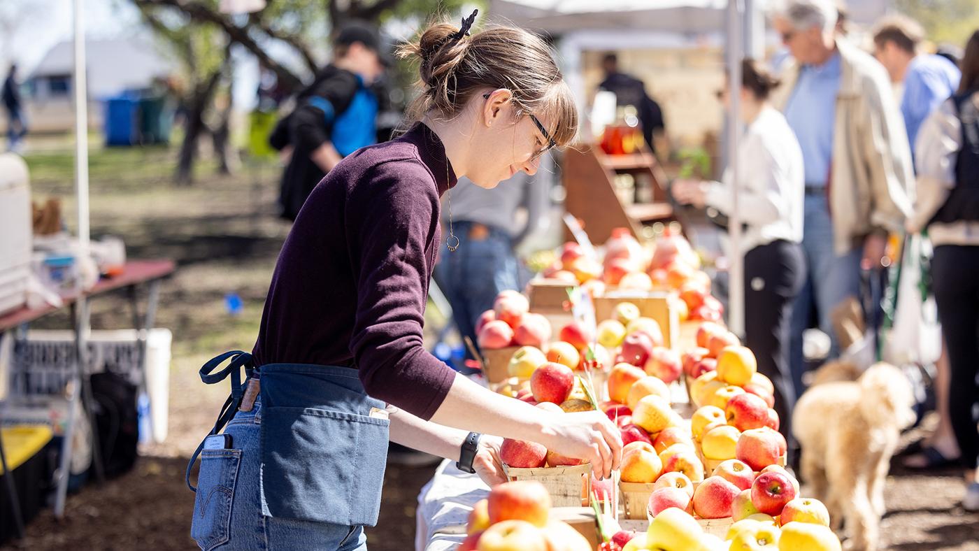 A woman setting out apples at a farmers market