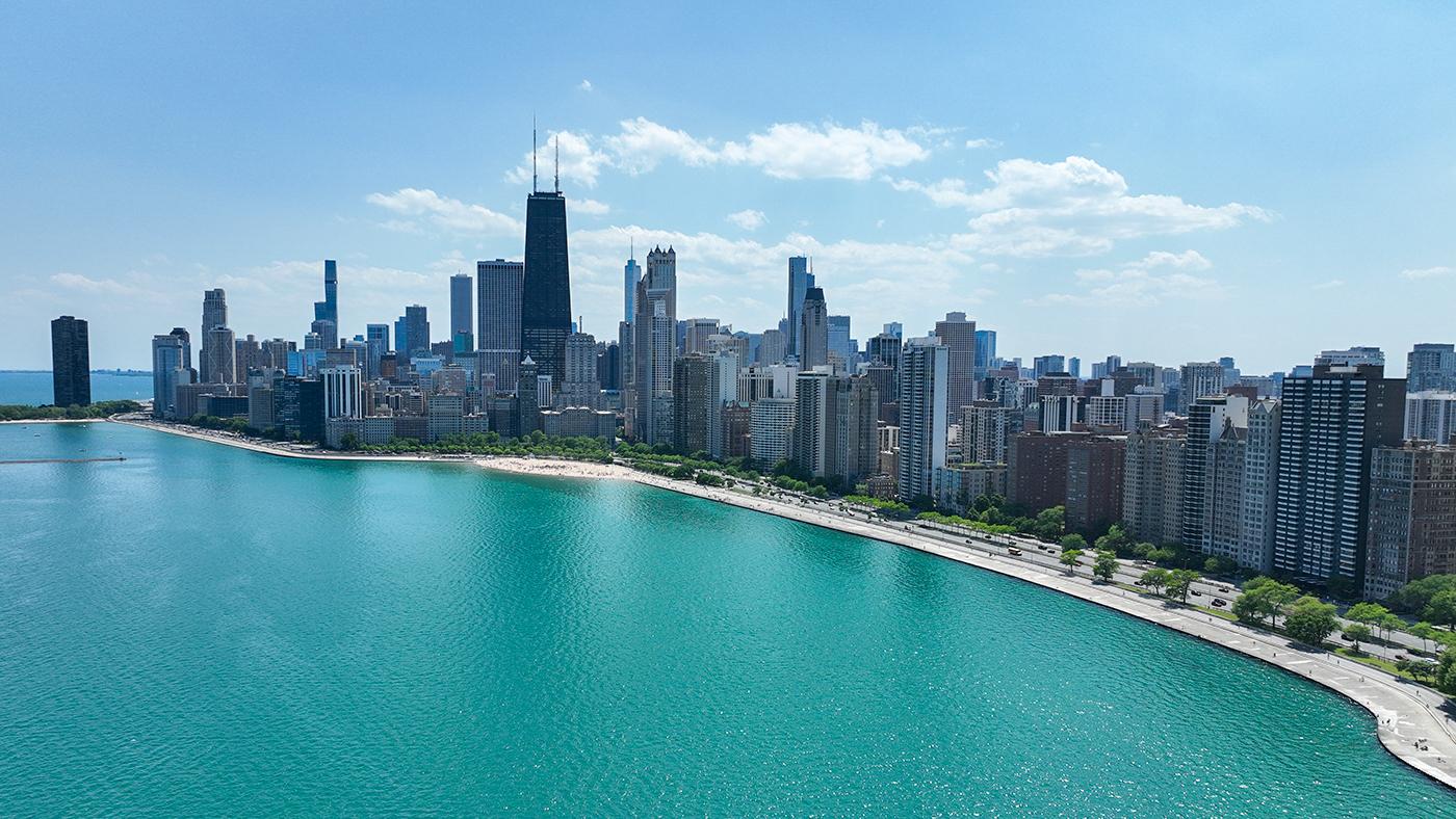 A drone view of the Chicago skyline looking south from North Avenue Beach