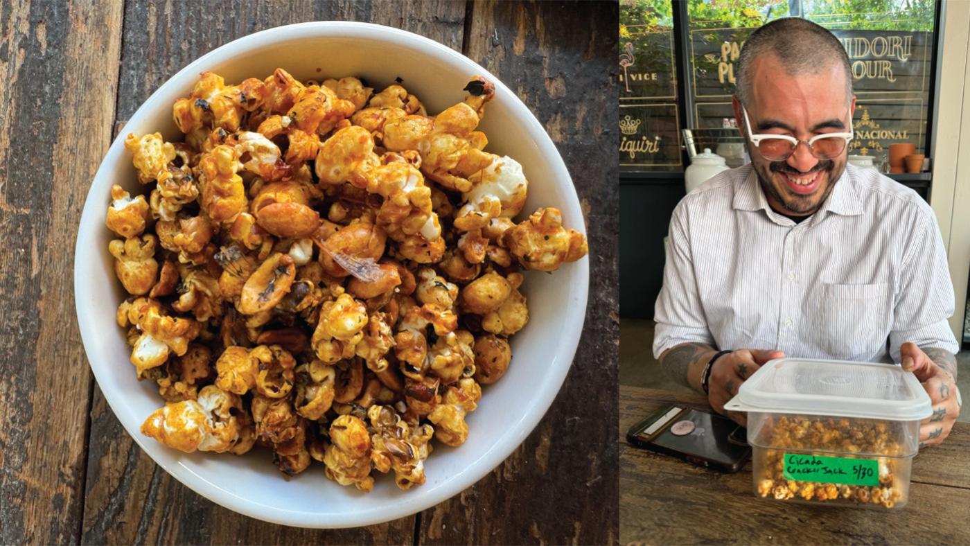 An image collage of a bowl of Cicada Cracker Jack and Chef Rafa Esparza