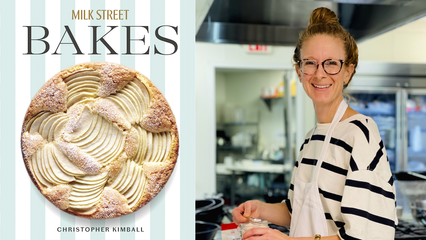 The cover of Milk Street Bakes next to Rosemary Gill smiling