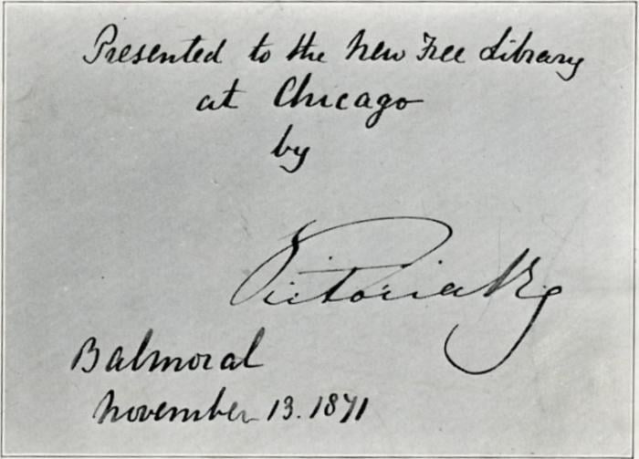 Queen Victoria's signature in a book she donated to the Chicago Public Library.