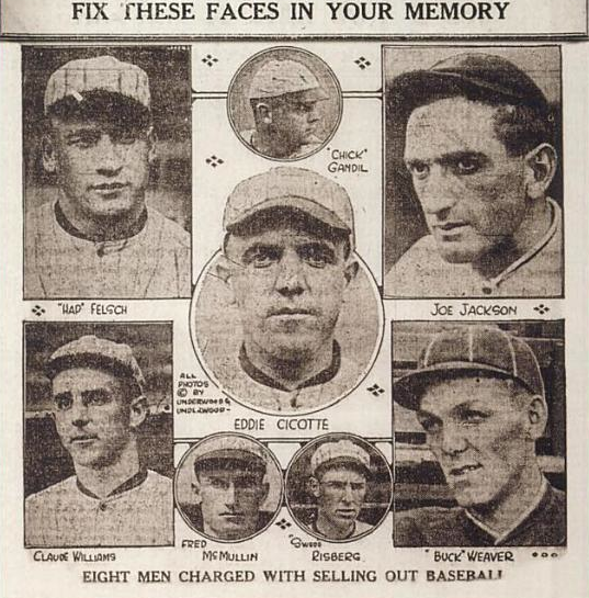 An illustration showing the eight Black Sox players banned from major league baseball for life in the October 7, 1920 edition of 'The Sporting News.' Image: Wikimedia Commons