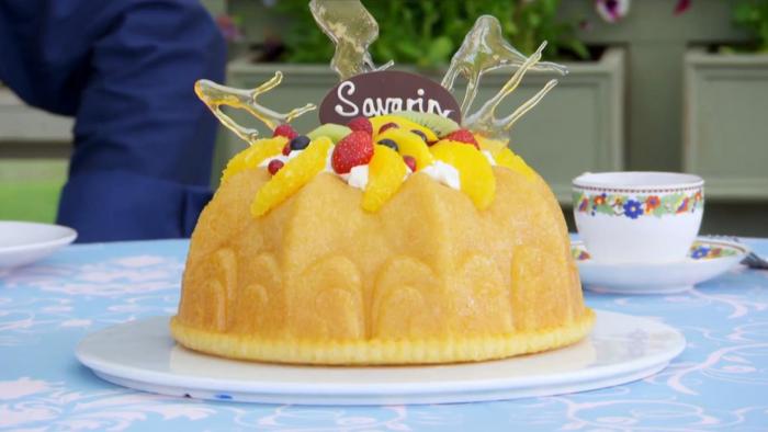 A savarin cake on The Great British Baking Show.