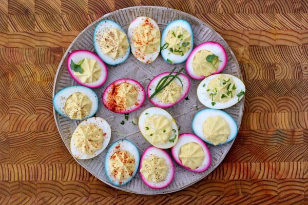 Naturally dyed deviled eggs for Easter