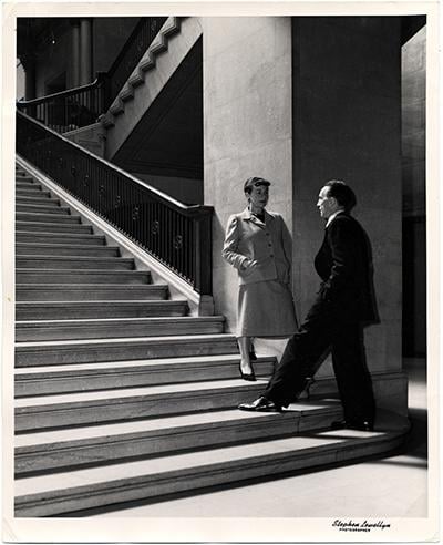 Katharine Duham and Marcel Duchamp standing on stairs
