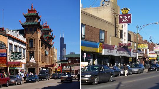 (L-R) "Chicago Chinatown Mainstreet" by 8 Eyes Photography, CC BY-NC-SA 2.0; "Devon Street" by ErstwhileHuman, CC BY-SA 2.0.
