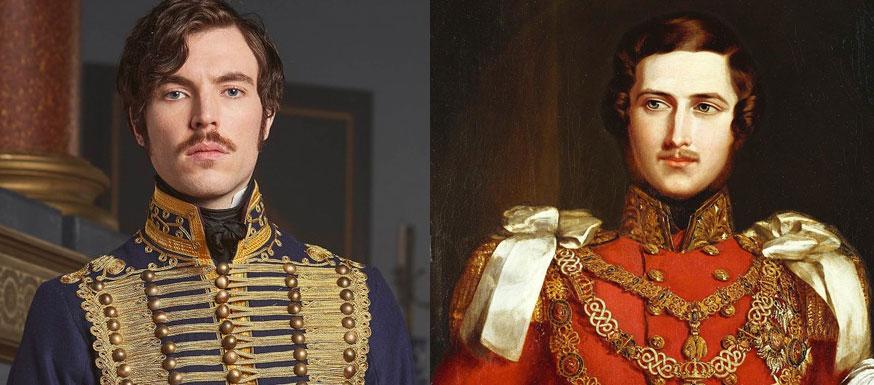 Tom Hughes as Prince Albert alongside a portrait of the real Prince Albert.
