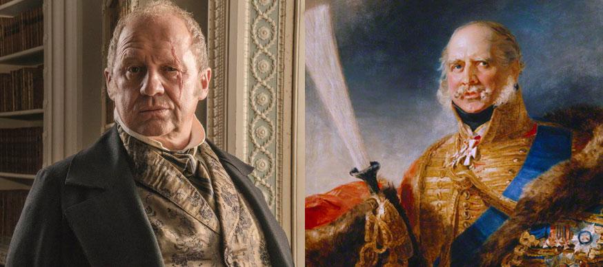 Peter Firth as the Duke of Cumberland alongside a portrait of the real Duke of Cumberland.