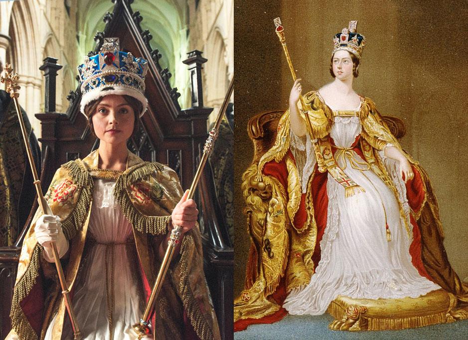 Jenna Coleman as Victoria alongside a portrait of Queen Victoria on the throne.