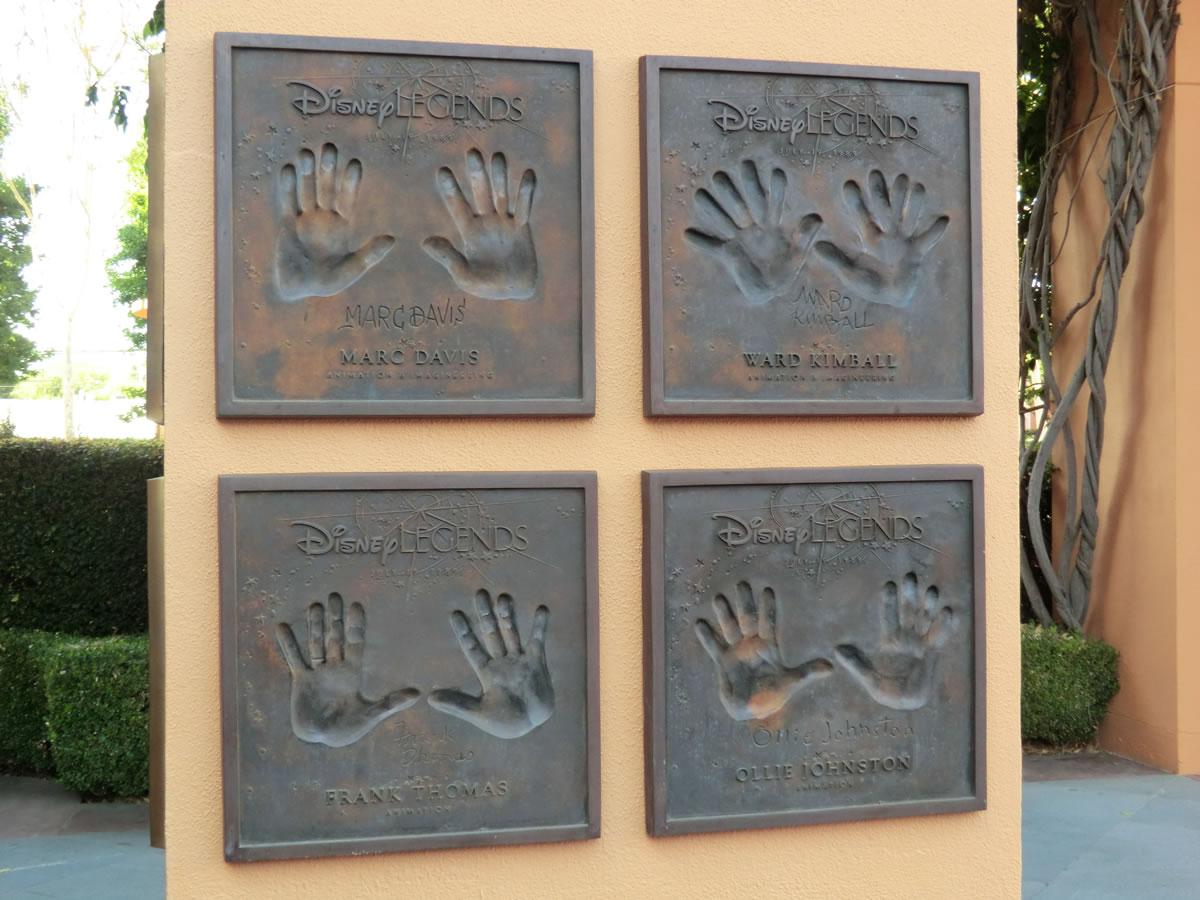 Marc Davis, Ward Kimball, Frank Thomas, and Ollie Johnston's Disney Legend handprints.