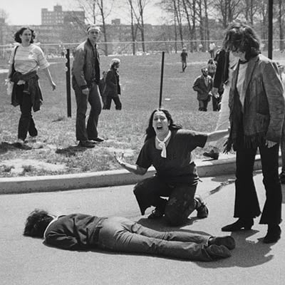 Mary Ann Vecchio kneels over the body of fellow student Jeffrey Miller, who was killed by Ohio National Guard troops during an antiwar demonstration at Kent State University. May 4, 1970. Photo: John Filo/Getty Images